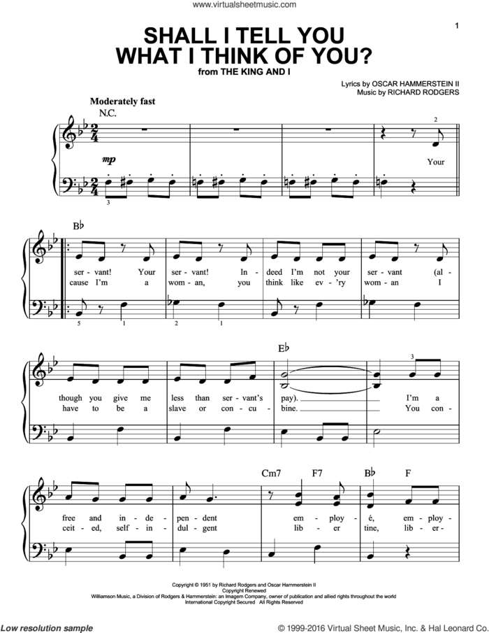 Shall I Tell You What I Think Of You? sheet music for piano solo by Rodgers & Hammerstein, Oscar II Hammerstein and Richard Rodgers, easy skill level