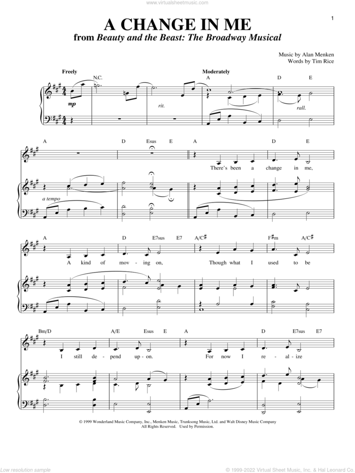 A Change In Me sheet music for voice, piano or guitar by Tim Rice, Richard Walters and Alan Menken, intermediate skill level