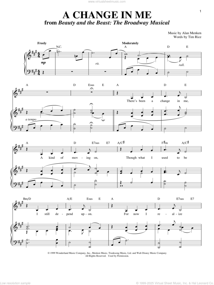 A Change In Me sheet music for voice, piano or guitar by Tim Rice, Richard Walters and Alan Menken, intermediate skill level