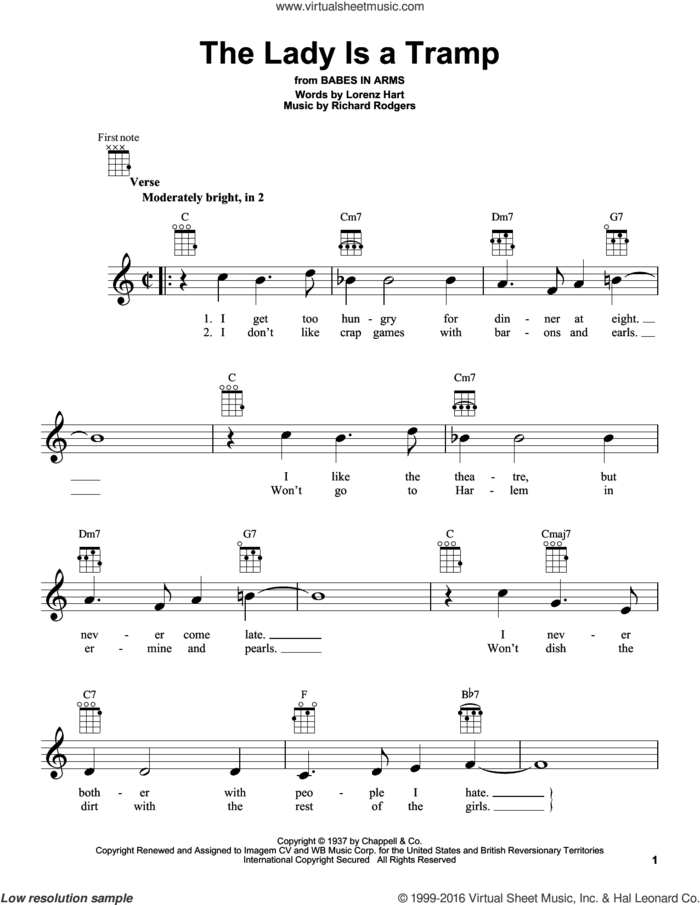 The Lady Is A Tramp sheet music for ukulele by Rodgers & Hart, Lorenz Hart and Richard Rodgers, intermediate skill level