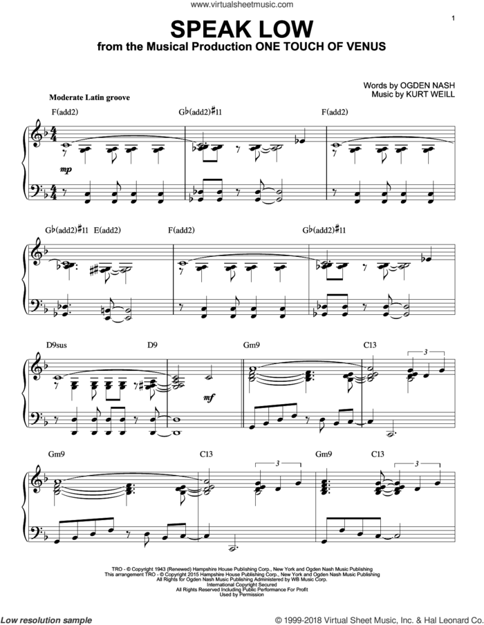 Speak Low [Jazz version] (arr. Brent Edstrom) sheet music for piano solo by Kurt Weill and Ogden Nash, intermediate skill level