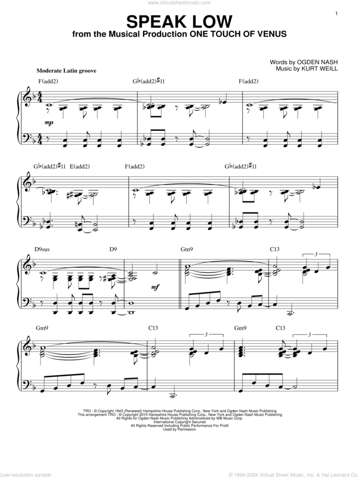 Speak Low [Jazz version] (arr. Brent Edstrom) sheet music for piano solo by Kurt Weill and Ogden Nash, intermediate skill level