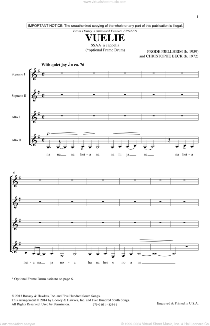 Vuelie (from Disney's Frozen) sheet music for choir (SSAA: soprano, alto) by Christophe Beck, Frode Fjellheim and Frode Fjellheim & Christophe Beck, intermediate skill level