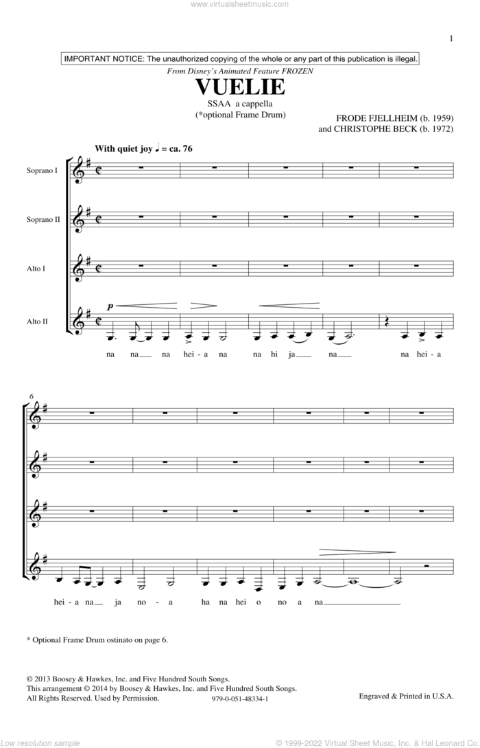 Vuelie (from Disney's Frozen) sheet music for choir (SSAA: soprano, alto) by Christophe Beck, Frode Fjellheim and Frode Fjellheim & Christophe Beck, intermediate skill level