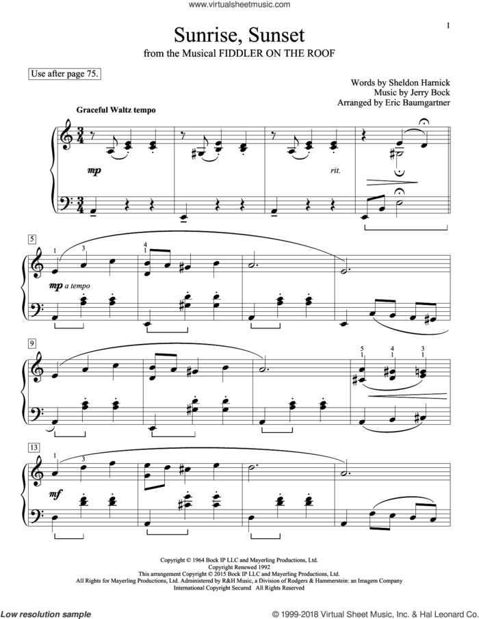 Sunrise, Sunset sheet music for piano solo (elementary) by Jerry Bock, John Thompson, Eric Baumgartner, Glenda Austin and Sheldon Harnick, beginner piano (elementary)