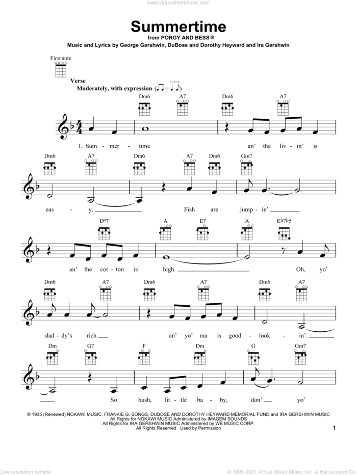 Summertime sheet music for ukulele by George and Ira Gershwin, Dorothy Heyward, DuBose Heyward, George Gershwin and Ira Gershwin, intermediate skill level