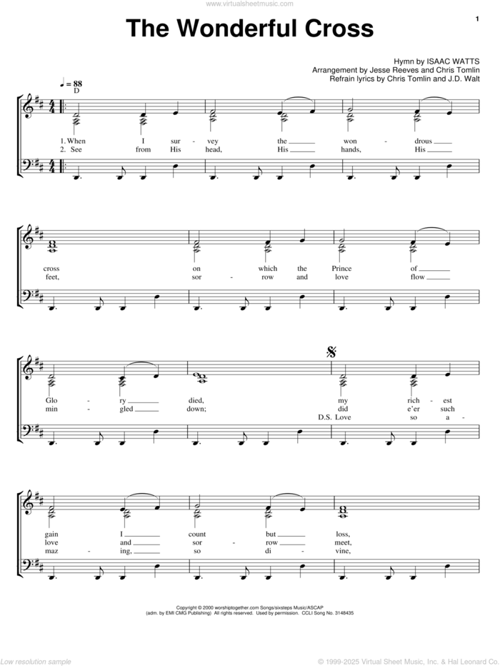 The Wonderful Cross sheet music for voice, piano or guitar by Chris Tomlin, Phillips, Craig & Dean, J.D. Walt and Jesse Reeves, intermediate skill level