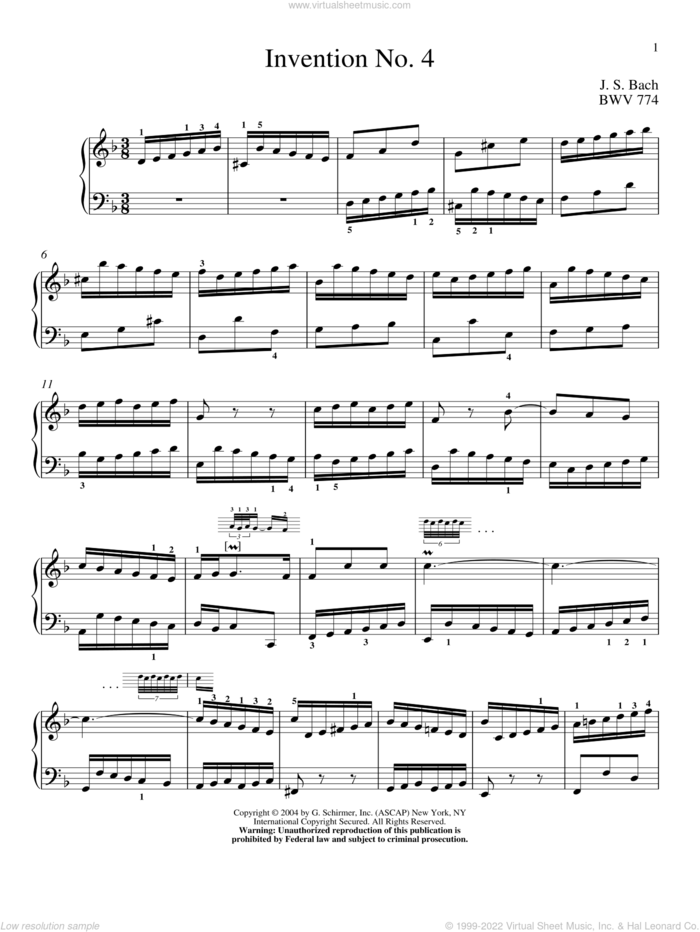 Two-Part Invention In D Minor sheet music for piano solo by Johann Sebastian Bach and Christopher Taylor, classical score, intermediate skill level