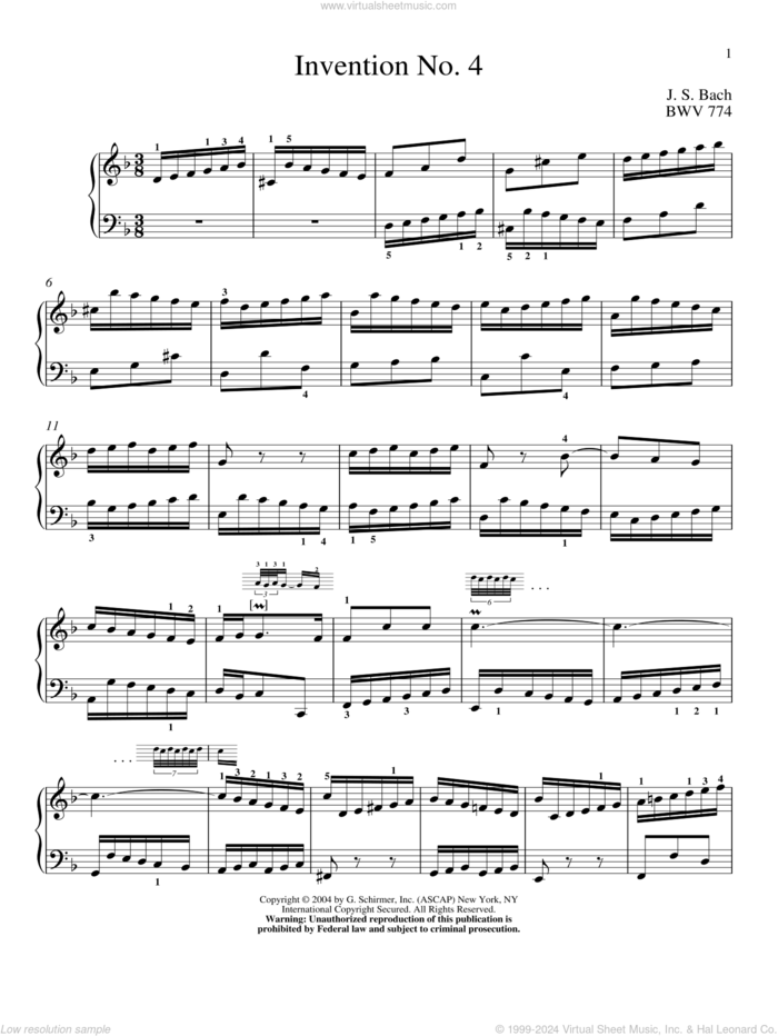 Two-Part Invention In D Minor sheet music for piano solo by Johann Sebastian Bach and Christopher Taylor, classical score, intermediate skill level