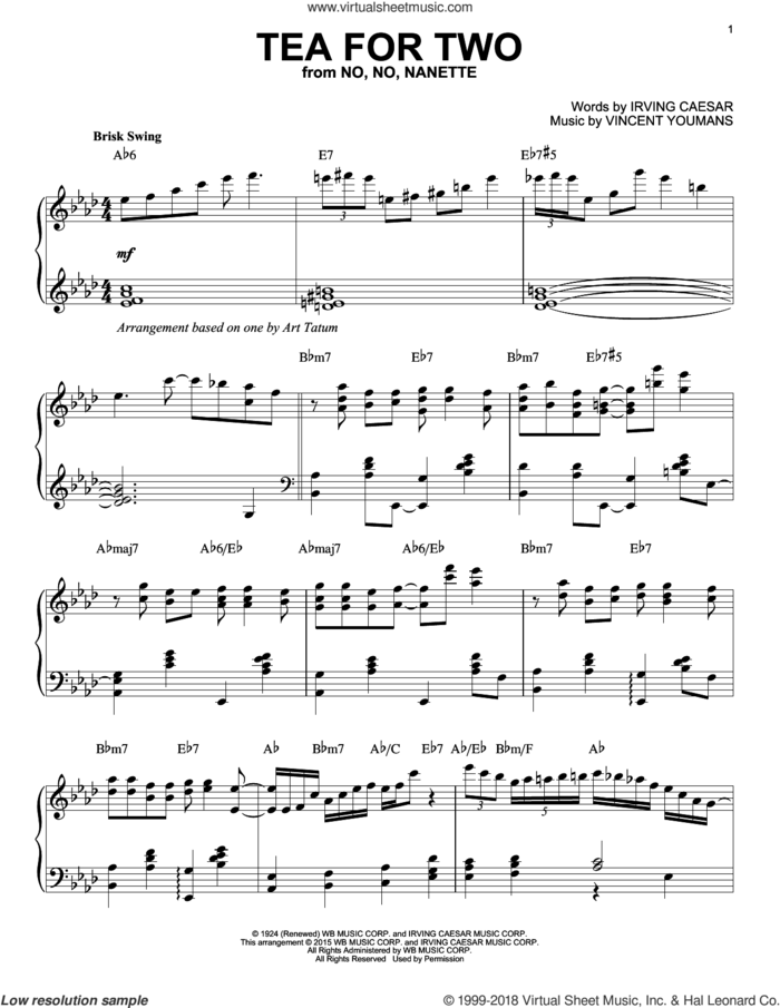 Tea For Two [Stride version] (from No, No, Nanette) (arr. Brent Edstrom) sheet music for piano solo by Irving Caesar and Vincent Youmans, intermediate skill level