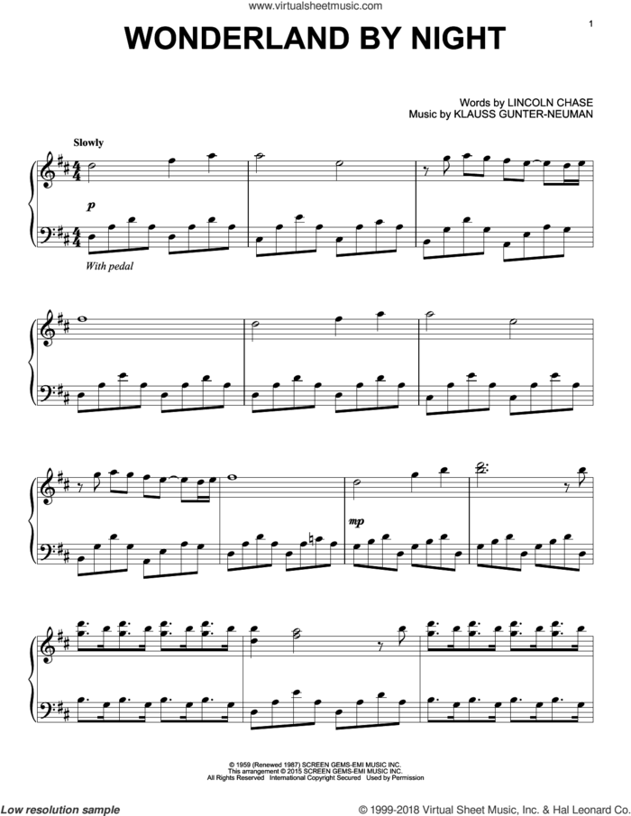 Wonderland By Night, (intermediate) sheet music for piano solo by Bert Kaempfert, Klauss Gunter-Neuman and Lincoln Chase, classical score, intermediate skill level