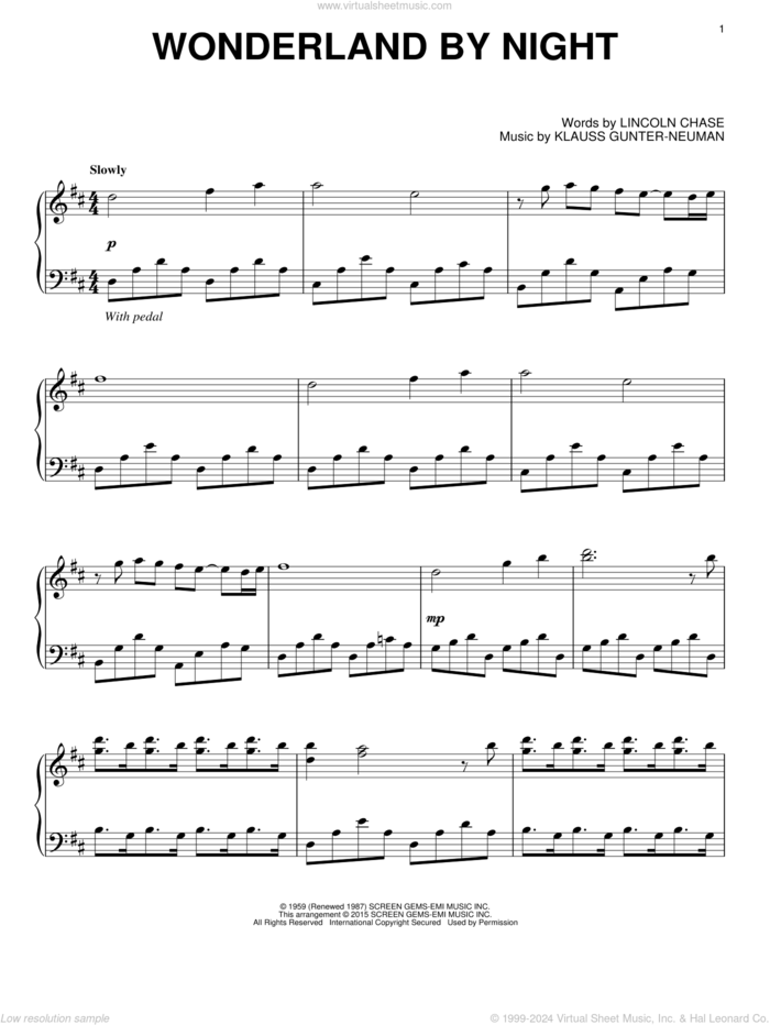 Wonderland By Night, (intermediate) sheet music for piano solo by Bert Kaempfert, Klauss Gunter-Neuman and Lincoln Chase, classical score, intermediate skill level