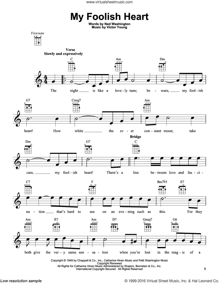 My Foolish Heart sheet music for ukulele by Demensions, Ned Washington and Victor Young, intermediate skill level
