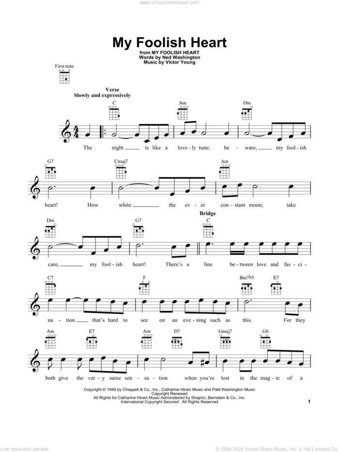 My Foolish Heart sheet music for ukulele by Demensions, Ned Washington and Victor Young, intermediate skill level