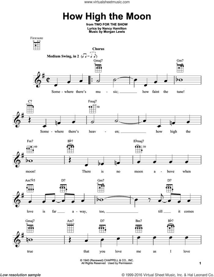 How High The Moon sheet music for ukulele by Morgan Lewis, Les Paul & Mary Ford and Nancy Hamilton, intermediate skill level
