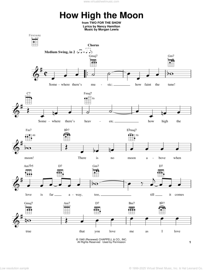 How High The Moon sheet music for ukulele by Morgan Lewis, Les Paul & Mary Ford and Nancy Hamilton, intermediate skill level