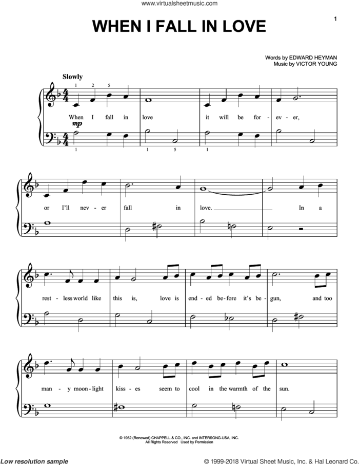 When I Fall In Love, (beginner) sheet music for piano solo by Victor Young, Carpenters, Celine Dion and Clive Griffin, The Lettermen and Edward Heyman, beginner skill level