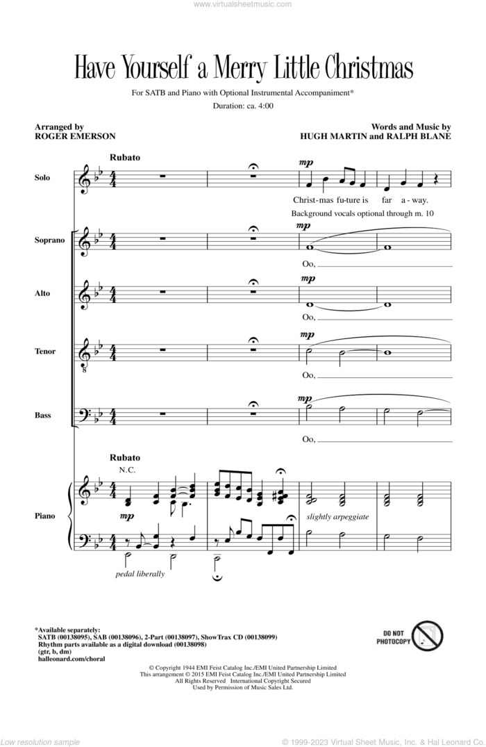 Have Yourself A Merry Little Christmas sheet music for choir (SATB: soprano, alto, tenor, bass) by Hugh Martin, Roger Emerson and Ralph Blane, classical score, intermediate skill level