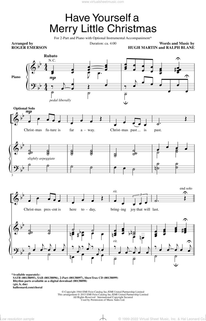 Have Yourself A Merry Little Christmas sheet music for choir (2-Part) by Roger Emerson, Hugh Martin and Ralph Blane, classical score, intermediate duet