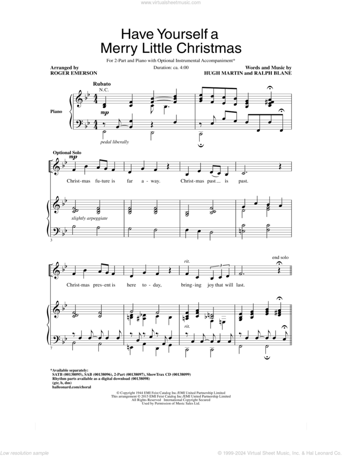 Have Yourself A Merry Little Christmas sheet music for choir (2-Part) by Roger Emerson, Hugh Martin and Ralph Blane, classical score, intermediate duet