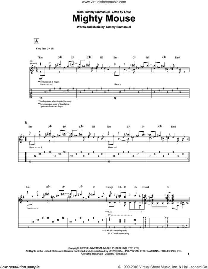 Mighty Mouse sheet music for guitar (tablature) by Tommy Emmanuel, intermediate skill level