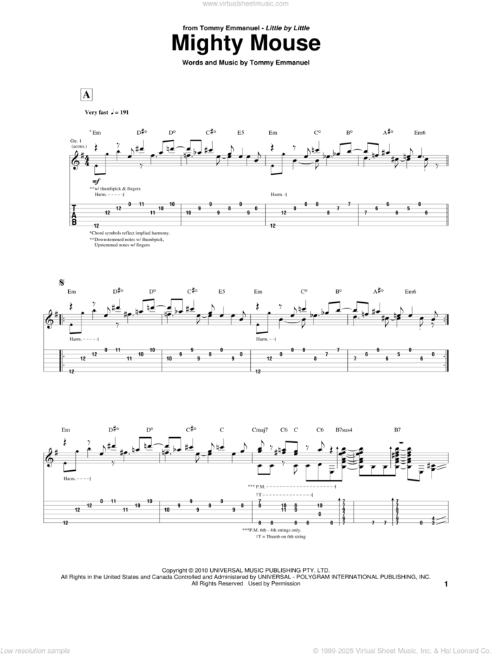 Mighty Mouse sheet music for guitar (tablature) by Tommy Emmanuel, intermediate skill level