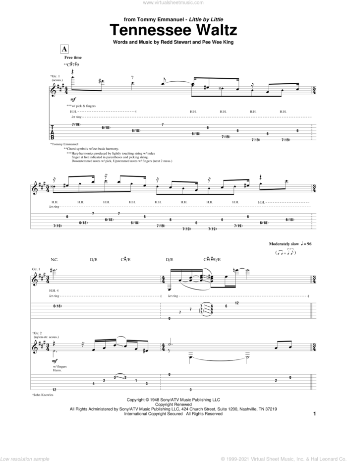 Tennessee Waltz sheet music for guitar (tablature) by Tommy Emmanuel, Patti Page, Patty Page, Pee Wee King and Redd Stewart, intermediate skill level