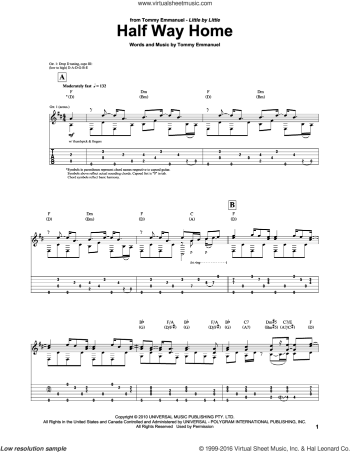 Half Way Home sheet music for guitar (tablature) by Tommy Emmanuel, intermediate skill level