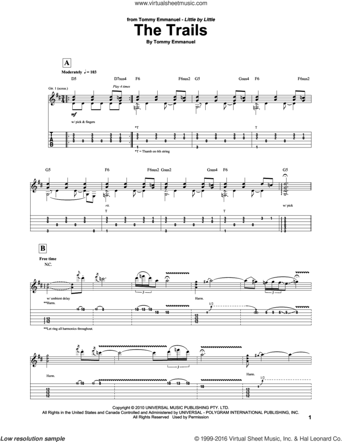 The Trails sheet music for guitar (tablature) by Tommy Emmanuel, intermediate skill level