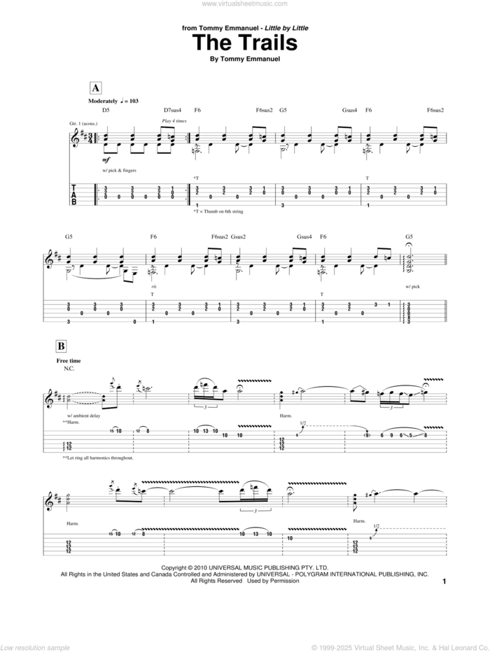 The Trails sheet music for guitar (tablature) by Tommy Emmanuel, intermediate skill level