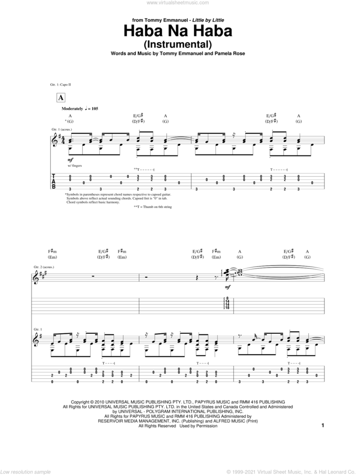 Haba Na Haba sheet music for guitar (tablature) by Tommy Emmanuel and Pamela Rose, intermediate skill level