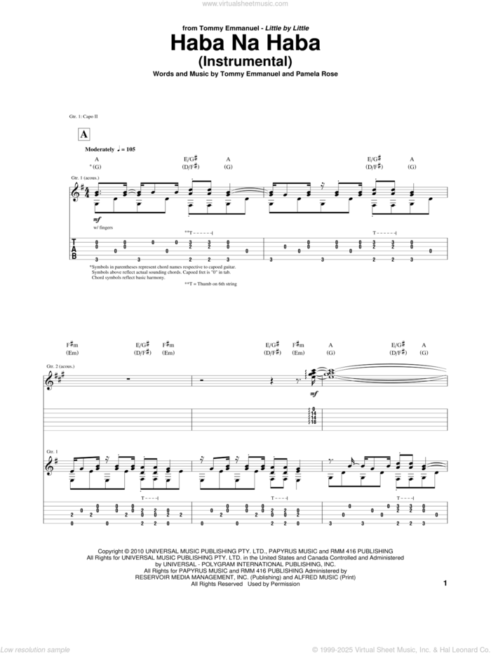 Haba Na Haba sheet music for guitar (tablature) by Tommy Emmanuel and Pamela Rose, intermediate skill level