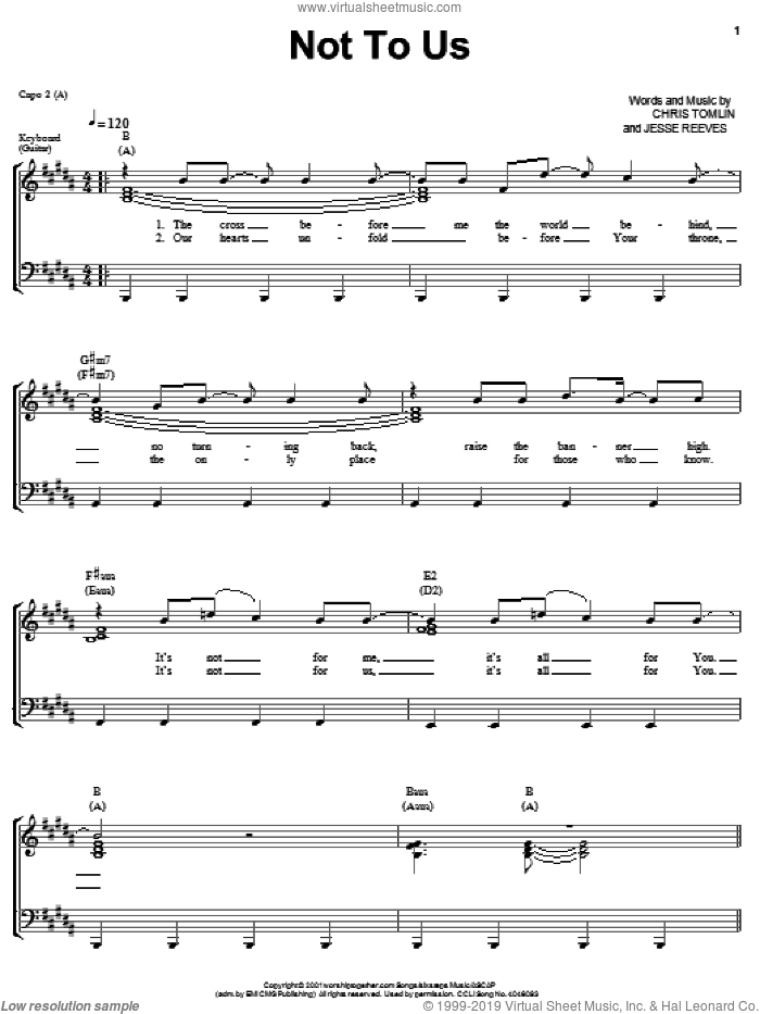 Not To Us sheet music for voice, piano or guitar by Chris Tomlin and Jesse Reeves, intermediate skill level
