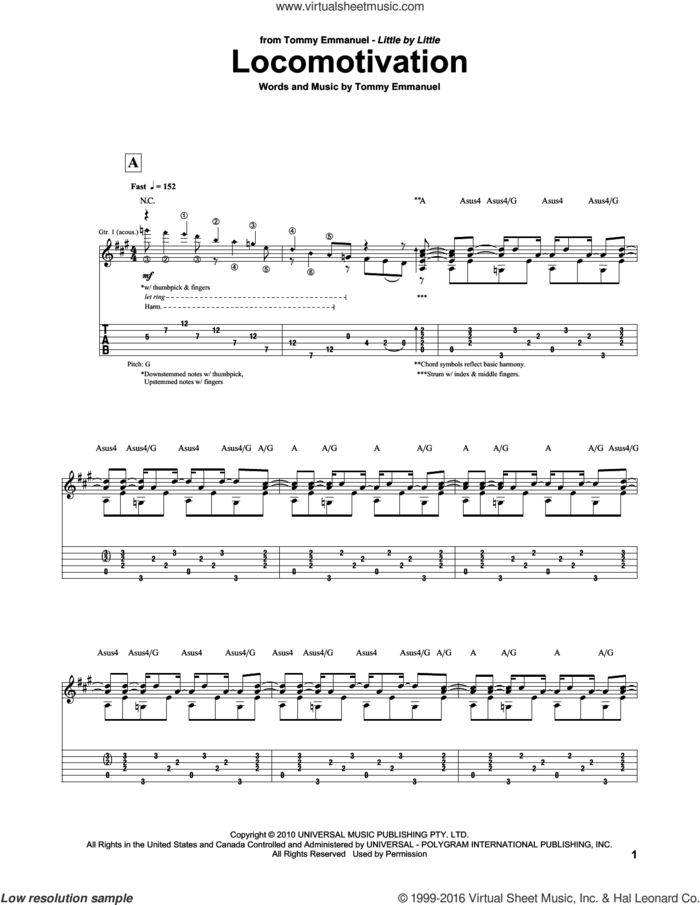 Locomotivation sheet music for guitar (tablature) by Tommy Emmanuel, intermediate skill level