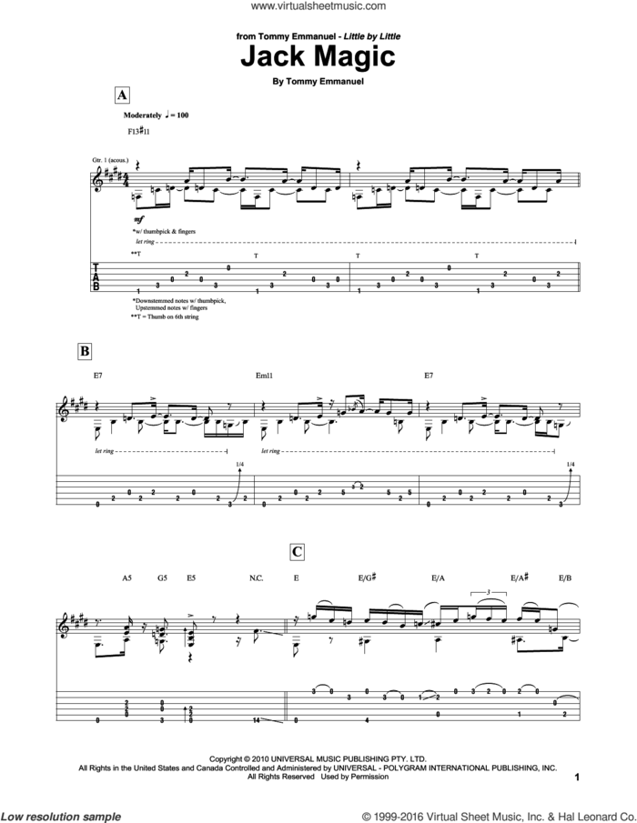 Jack Magic sheet music for guitar (tablature) by Tommy Emmanuel, intermediate skill level