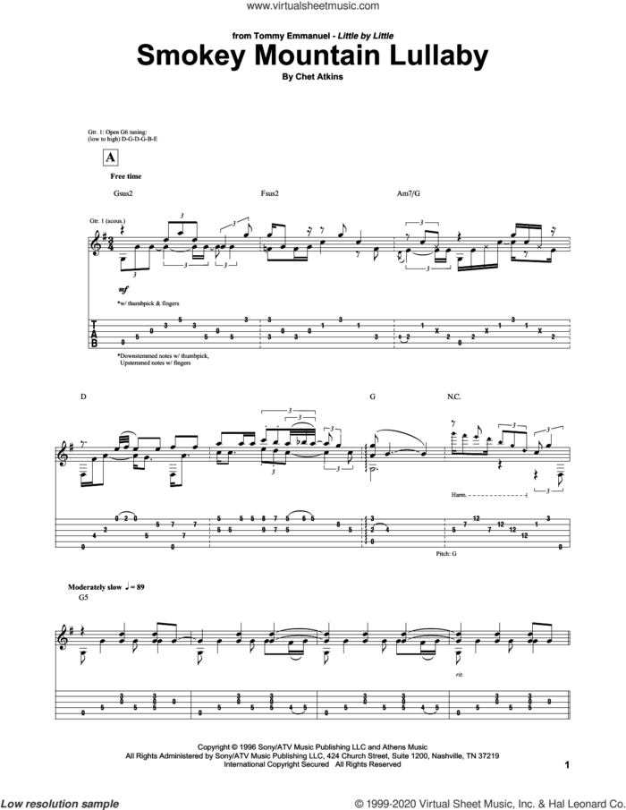 Smokey Mountain Lullaby sheet music for guitar (tablature) by Tommy Emmanuel and Chet Atkins, intermediate skill level