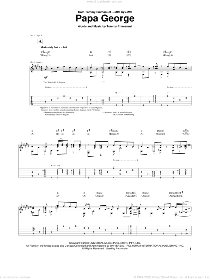 Papa George sheet music for guitar (tablature) by Tommy Emmanuel, intermediate skill level