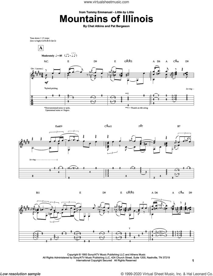 Mountains Of Illinois sheet music for guitar (tablature) by Tommy Emmanuel, Chet Atkins and Pat Bergeson, intermediate skill level