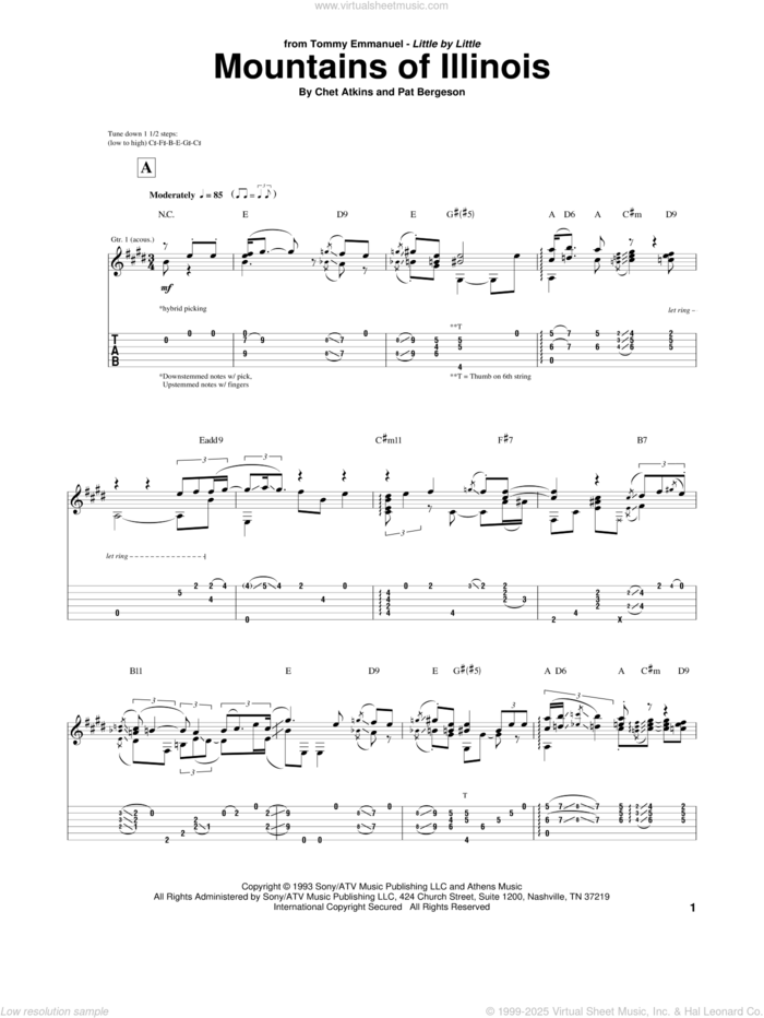 Mountains Of Illinois sheet music for guitar (tablature) by Tommy Emmanuel, Chet Atkins and Pat Bergeson, intermediate skill level