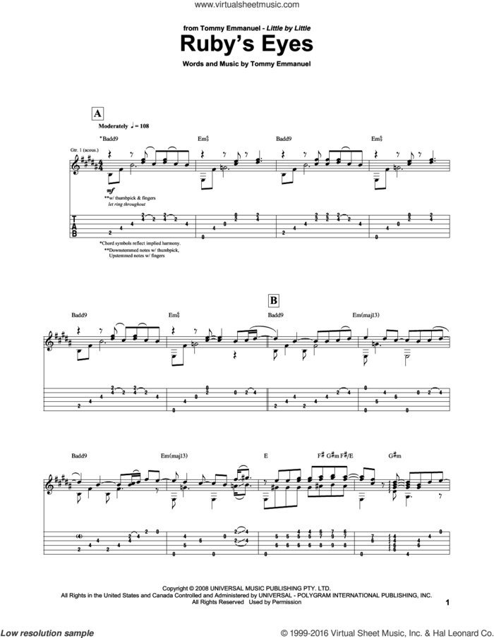 Ruby's Eyes sheet music for guitar (tablature) by Tommy Emmanuel, intermediate skill level