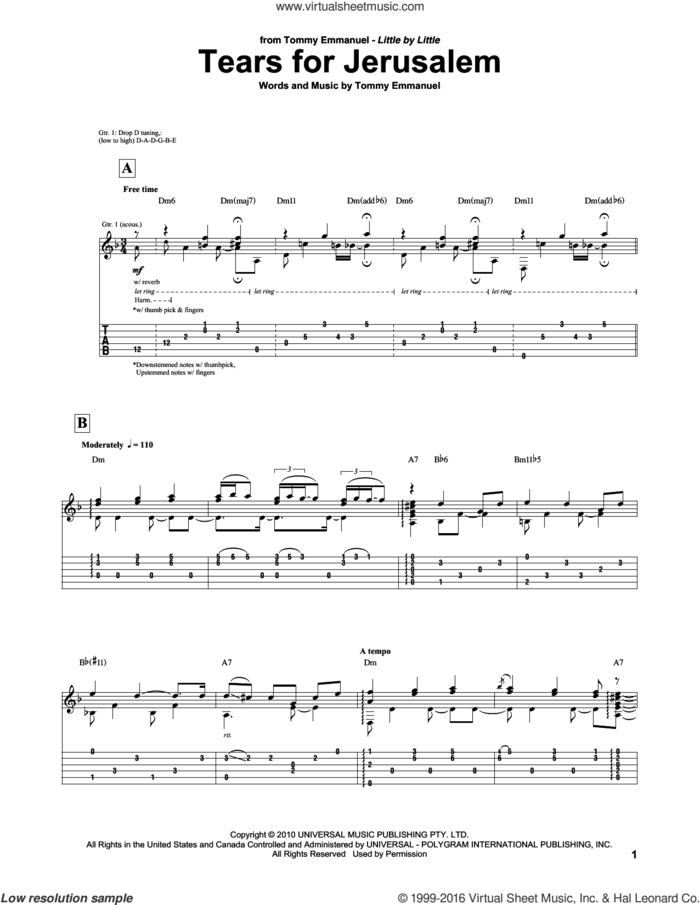 Tears For Jerusalem sheet music for guitar (tablature) by Tommy Emmanuel, intermediate skill level