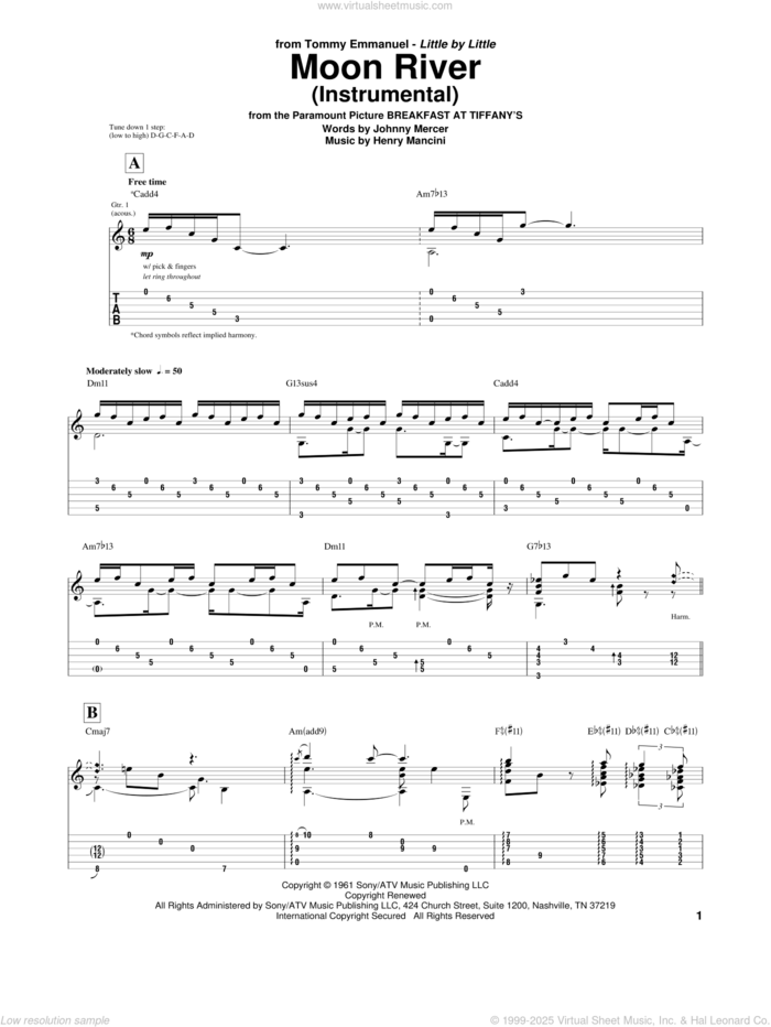 Moon River sheet music for guitar (tablature) by Tommy Emmanuel, Andy Williams, Henry Mancini and Johnny Mercer, wedding score, intermediate skill level