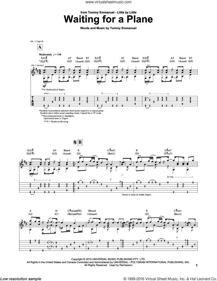 Waiting For A Plane sheet music for guitar (tablature) by Tommy Emmanuel, intermediate skill level