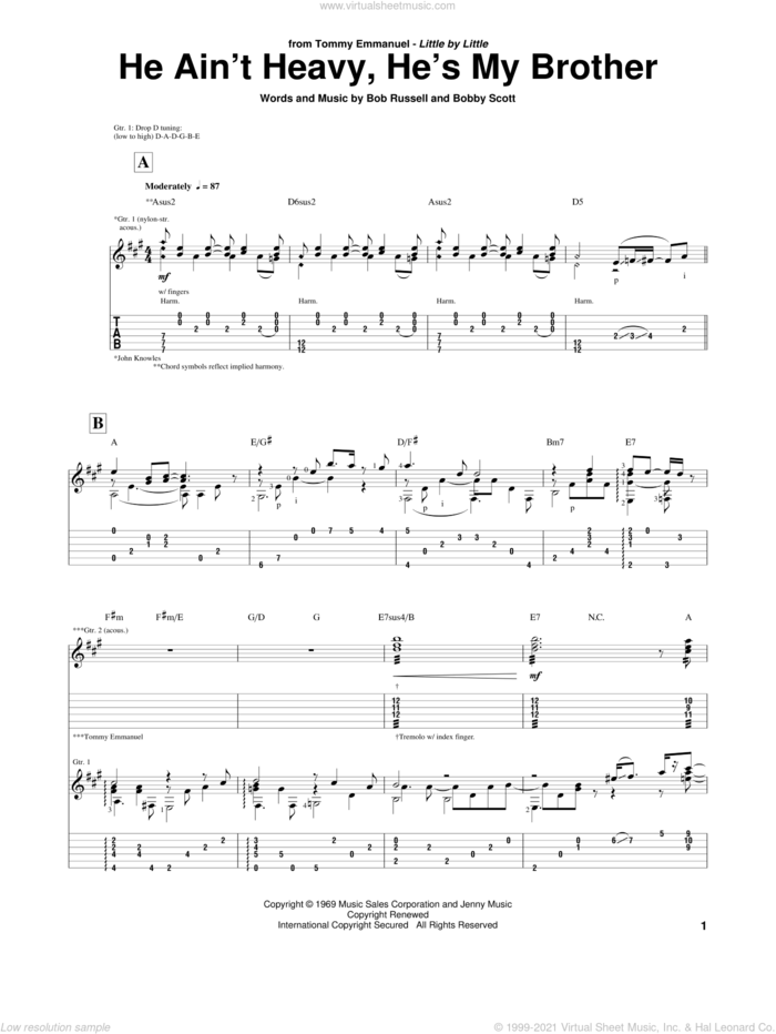 He Ain't Heavy, He's My Brother sheet music for guitar (tablature) by Tommy Emmanuel, Neil Diamond, The Hollies, Bob Russell and Bobby Scott, intermediate skill level