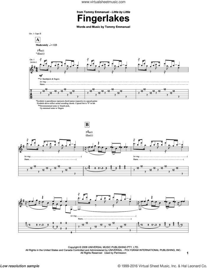 Fingerlakes sheet music for guitar (tablature) by Tommy Emmanuel, intermediate skill level