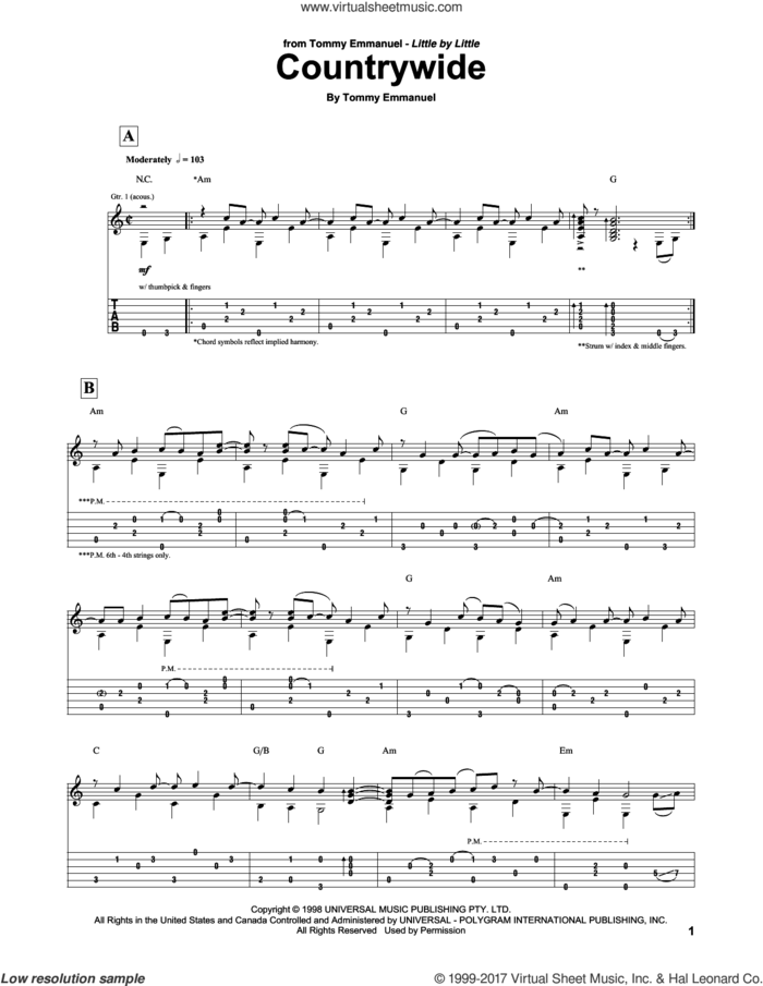 Countrywide sheet music for guitar (tablature) by Tommy Emmanuel, intermediate skill level