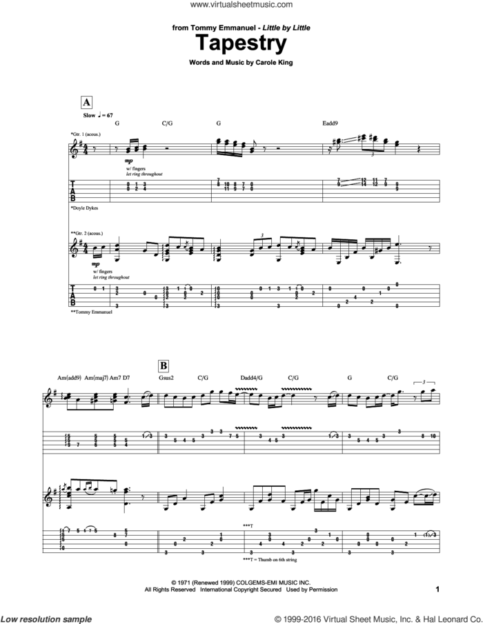 Tapestry sheet music for guitar (tablature) by Tommy Emmanuel and Carole King, intermediate skill level