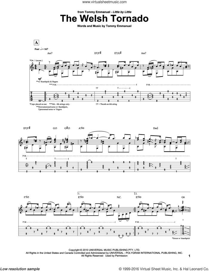 The Welsh Tornado sheet music for guitar (tablature) by Tommy Emmanuel, intermediate skill level
