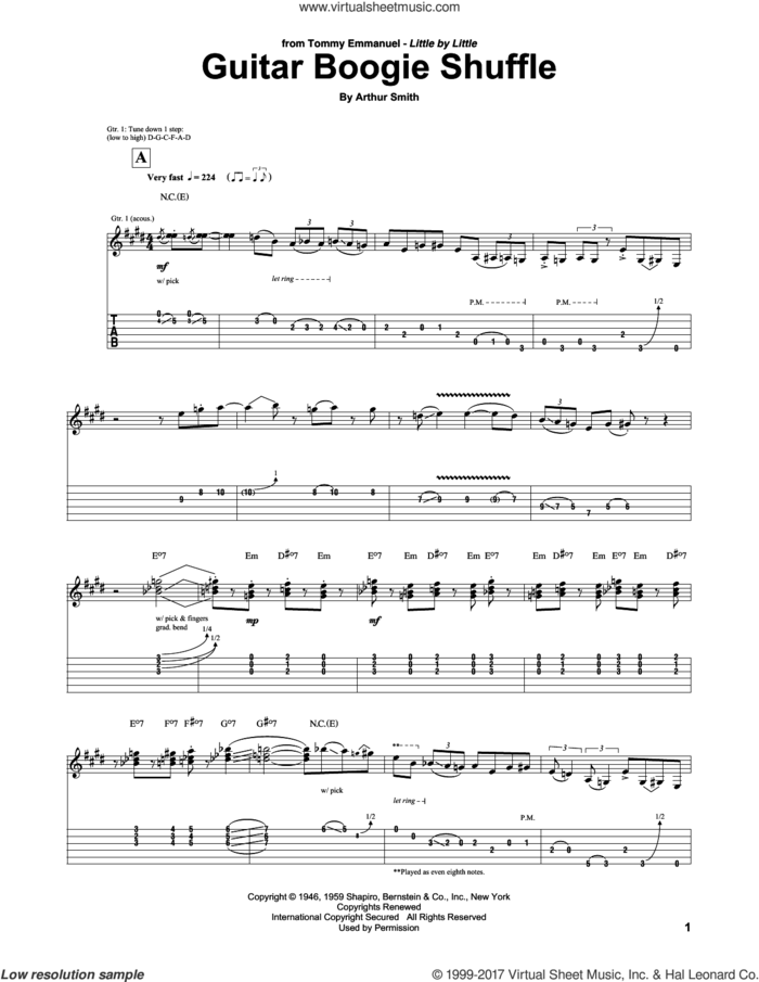 Guitar Boogie Shuffle sheet music for guitar (tablature) by Tommy Emmanuel, The Virtues and Arthur Smith, intermediate skill level