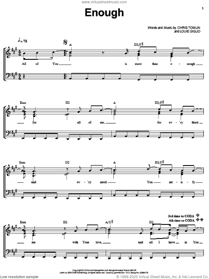 Enough sheet music for voice, piano or guitar by Chris Tomlin, Jeremy Camp and Louie Giglio, intermediate skill level